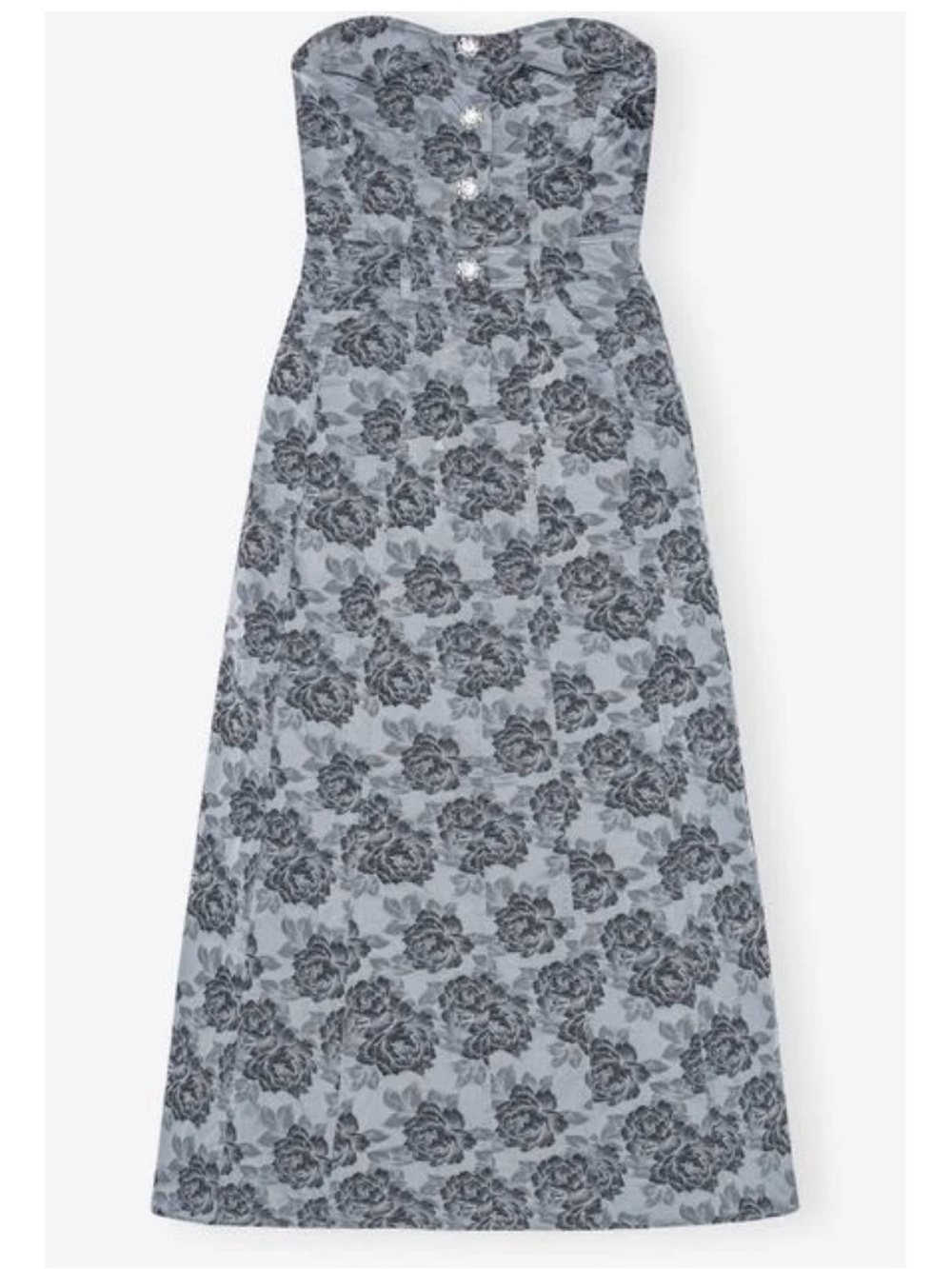 Ganni Strapless Blue Dress with Black Floral Jacquard